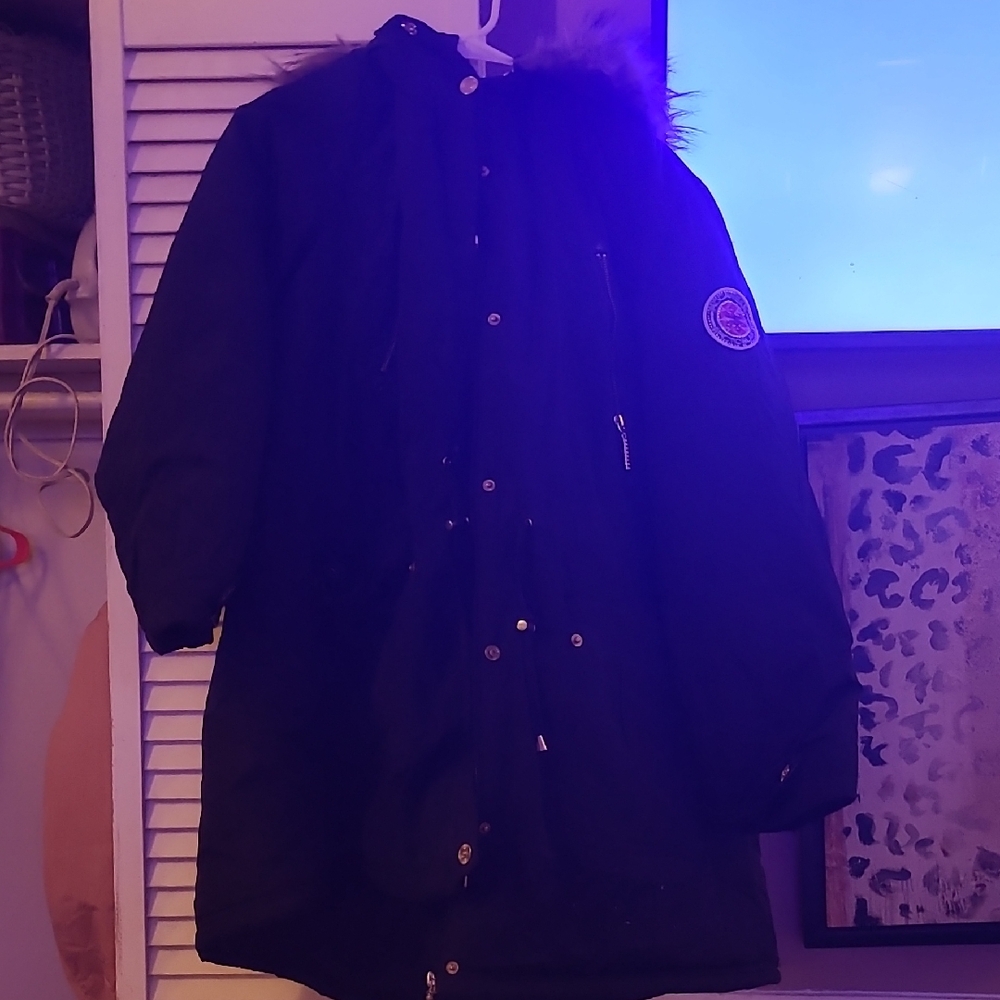 Black Parka Coat with Fur Trim